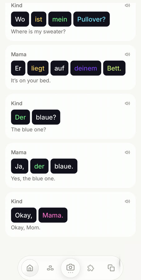 A BUILDeutsch dialogue between a child and her mother, each word colored by its grammatical role, with the English underneath
